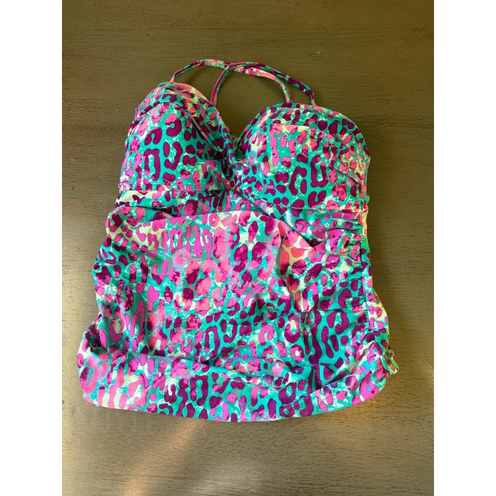 VM Neon Leopard Print Tankini Top Underwire 36D Pink Teal